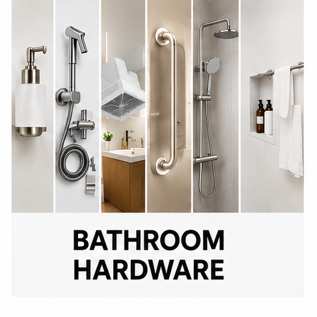 BATHROOM HARDWARE - BATHROOM VENTILATION FANS - GRAB BARS - BATHROOM LIGHTING - BATHROOM MIRRORS - HAND SHOWER COMBOS - SHOWER NICHES - BIDET SPRAYERS - TOWEL HOLDER SETS
