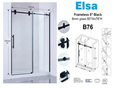 Shower Door 60”x 76” 8mm Frameless Black image 1