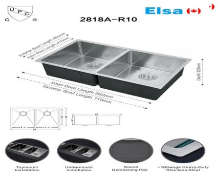 Handmade Undermount Kitchen Sink - Double Bowl | 16G, 28"x18"x9.5"