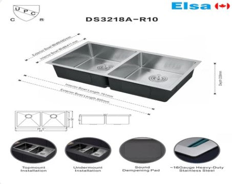 Handmade Undermount Kitchen Sink - Double Bowl | 16G, 31.5"x18"x9.5"