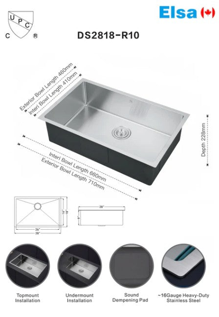Handmade Undermount Kitchen Sink - Single Bowl | 16G, 28"x18"x9.5"