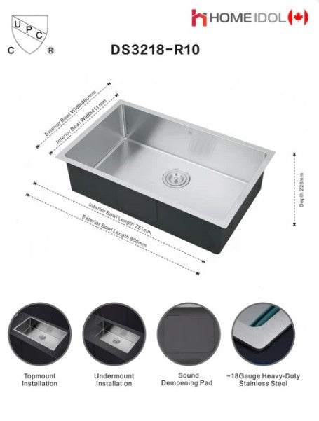 Handmade Undermount Kitchen Sink - Single Bowl | 16 G 31.5"x18"x9.5"