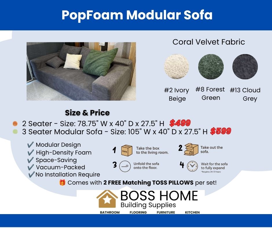 PopFoam Sofa – 3-Seater with Throw Pillows - Ivory Beige