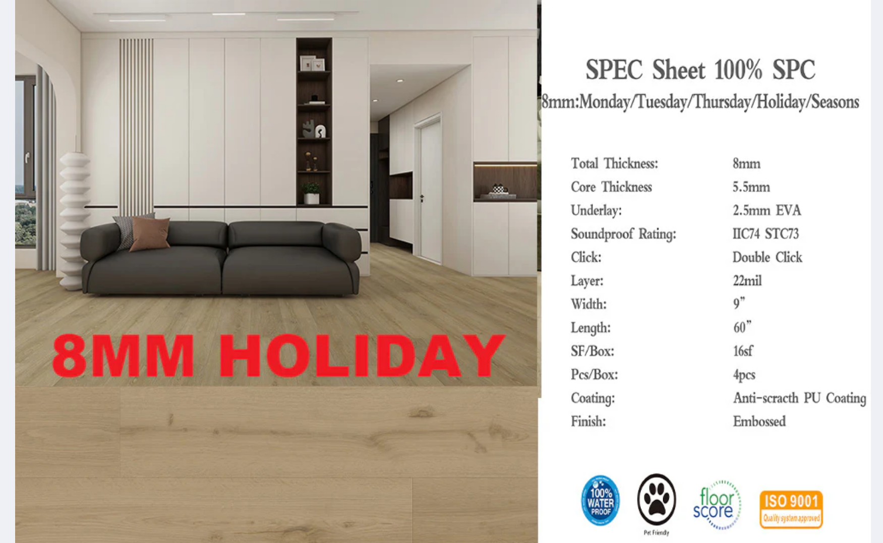 SPC Flooring – 8mm Holiday, 60"x9", 16 sq.ft/box, 22mil Wear Layer image 0