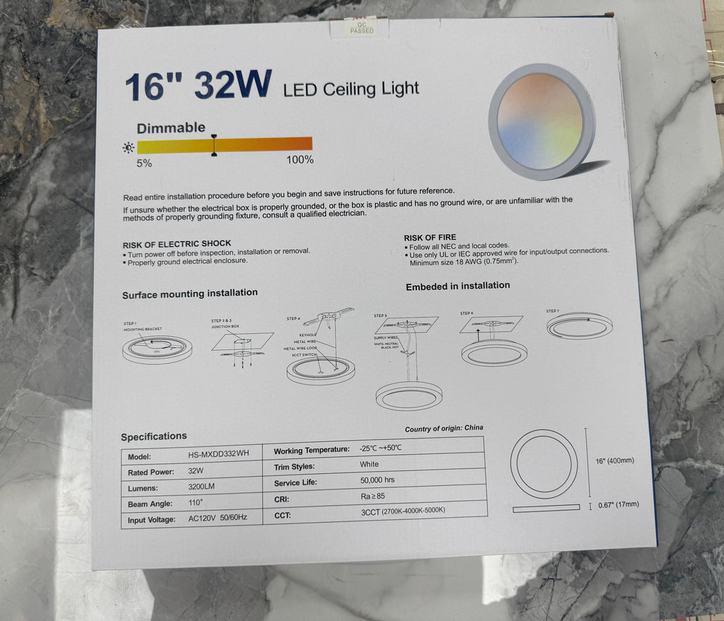 Ceiling Light 16" – 3CCT LED Panel, 32W, 3200lm image 1