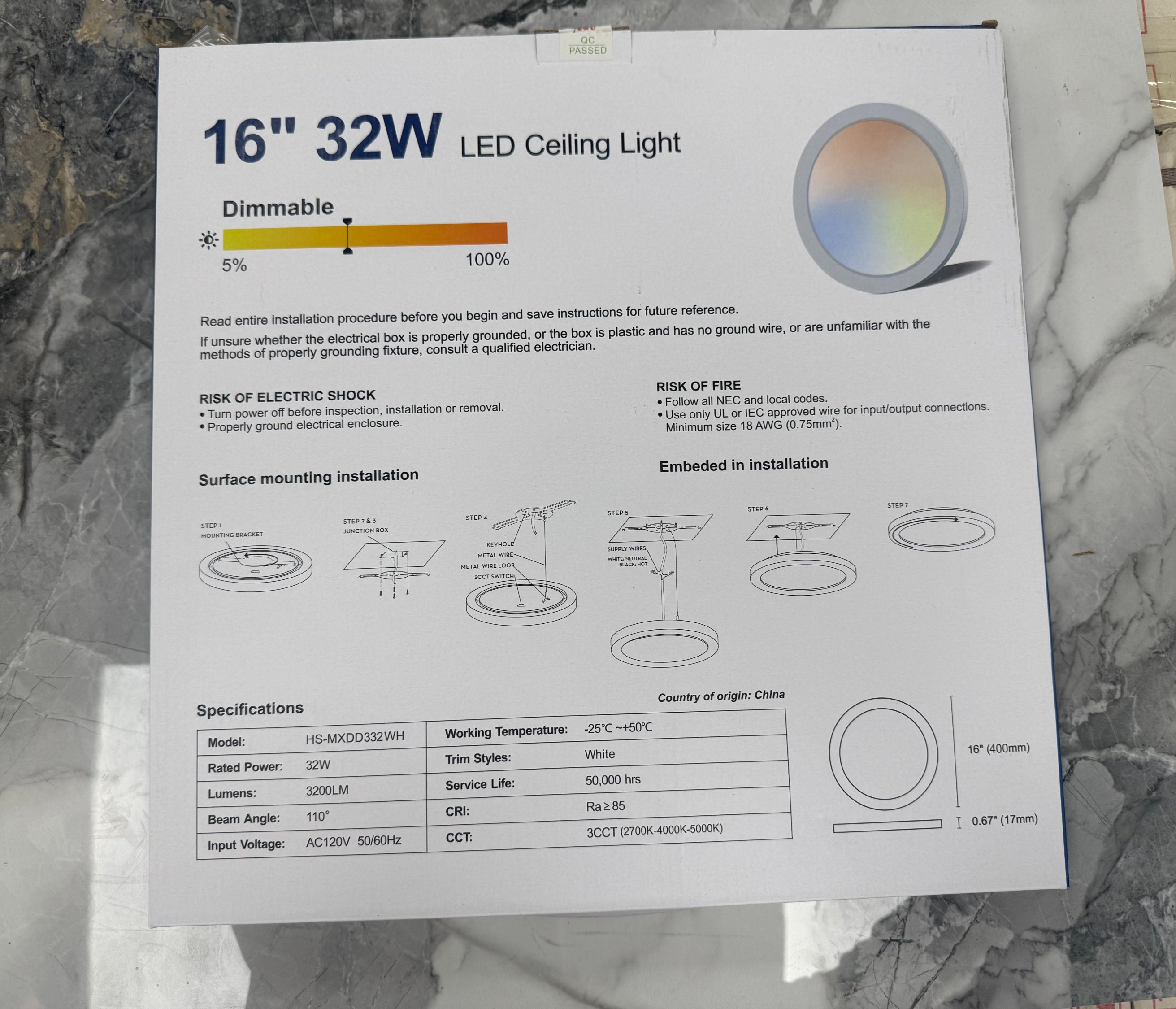 Ceiling Light 16" – 3CCT LED Panel, 32W, 3200lm image 1